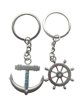 4EVER Romantic Stainless Alloy Metal Silver Nautical Steering Wheel Anchor & Love Boat Rudder Helm Couple Keychain