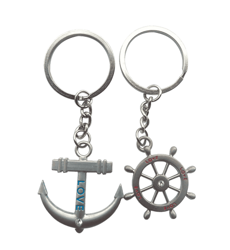 4EVER Romantic Stainless Alloy Metal Silver Nautical Steering Wheel Anchor & Love Boat Rudder Helm Couple Keychain